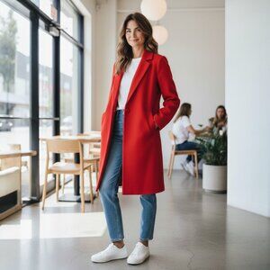 DESIGNER DIANE VON FURSTENBERG ORANGE RED POINTED COLLAR KNEE LENGTH COAT SMALL